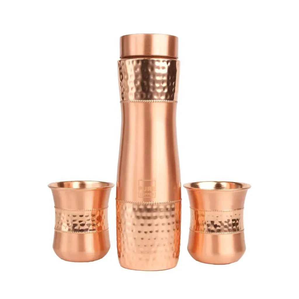 Artarium Hammered Copper Bottle with Copper Cap and Glass Set