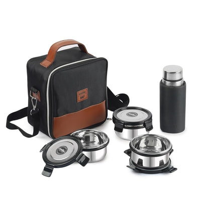 CELLO MF President Combo Stainless Steel Lunch Box with Bag, Black Leatherite