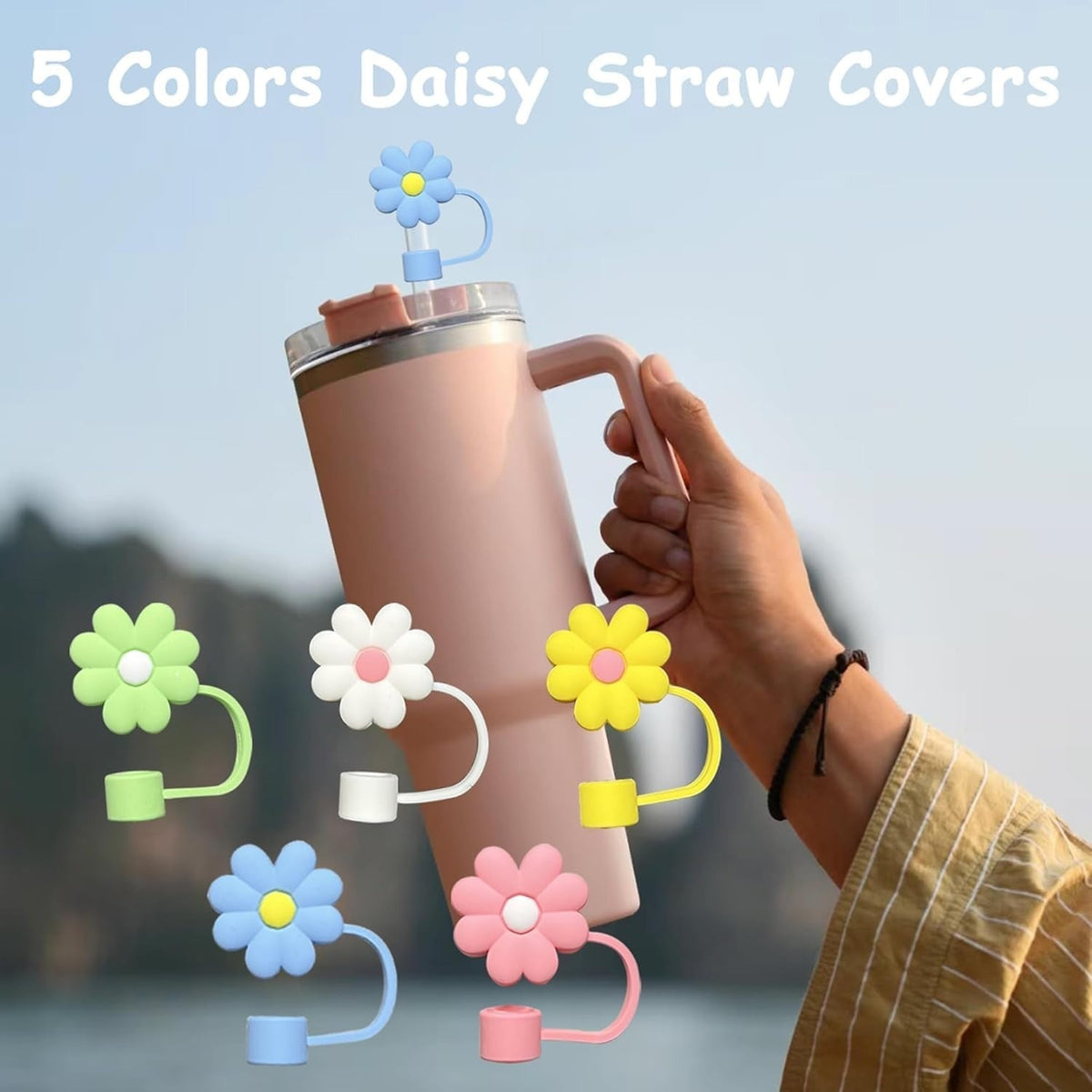 House of Quirk 5PCS Silicone Straw Covers Cap Compatible with Stanley 10mm Cute Flower Straw Toppers for Tumblers - (Multicolor)