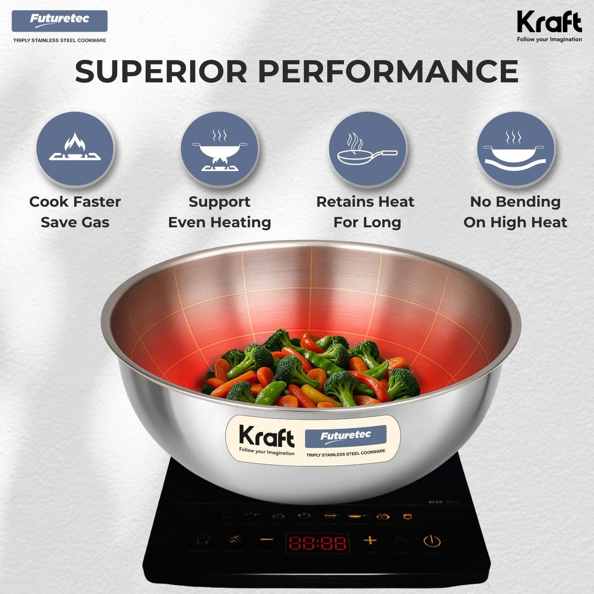Kraft Futuretec Triply Stainless Steel Extra Deep Tasla 16cm, 0.9 L