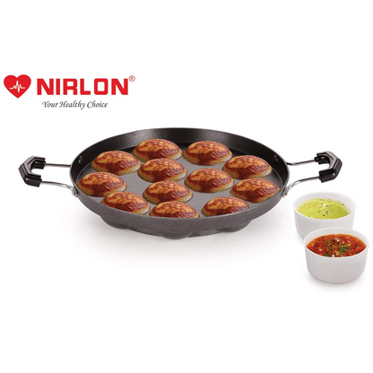Nirlon Non-stick Aluminium 12 Cavity Appam Paniyarakkal | Ponganal Maker | Paddu Tawa With 2 Side Handle and Stainless Steel Lid