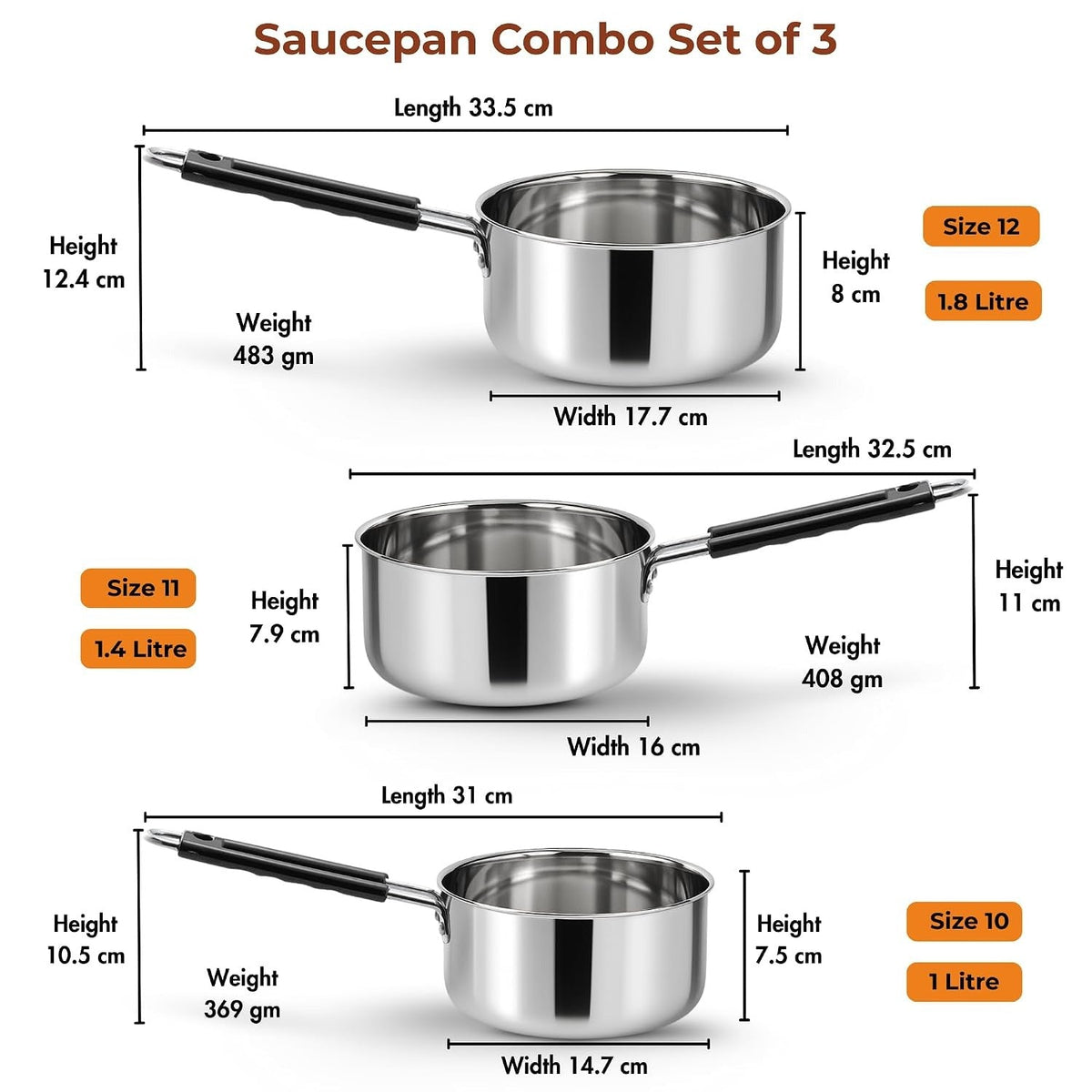 Kraft Stainless Steel Saucepan Combo Set of 3-1, 1.4 and 1.8 Litre