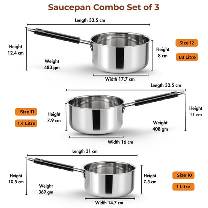 Kraft Stainless Steel Saucepan Combo Set of 3-1, 1.4 and 1.8 Litre