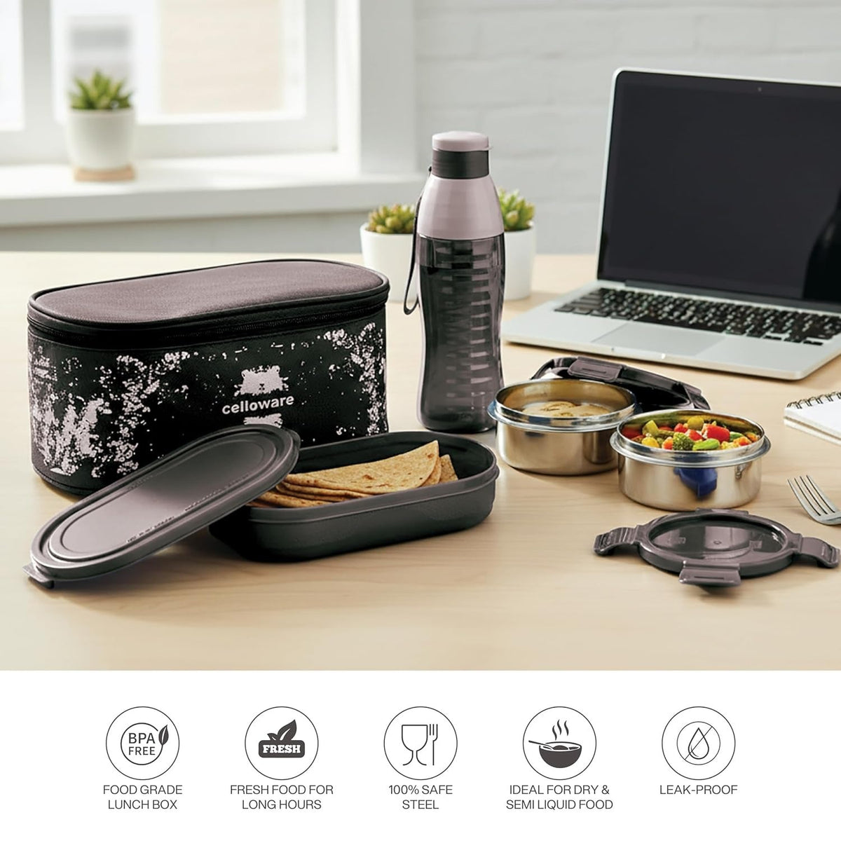 CELLO Gemini Lunch Box Gift Set of 3 Pieces with Bag for Office Use Black