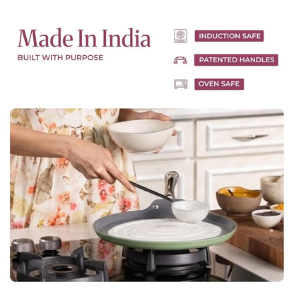Asai Ceramic Non Stick Dosa Tawa 28cm with Silicone Spatula - Green