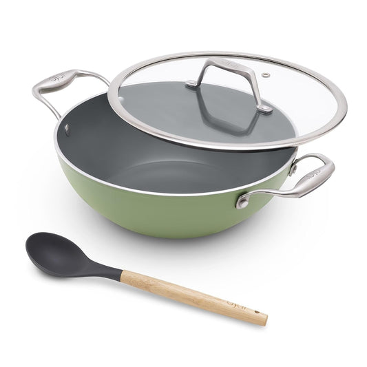 Asai Ceramic Non Stick Kadai 24cm (2.5L) with Glass Lid & Spatula - Green
