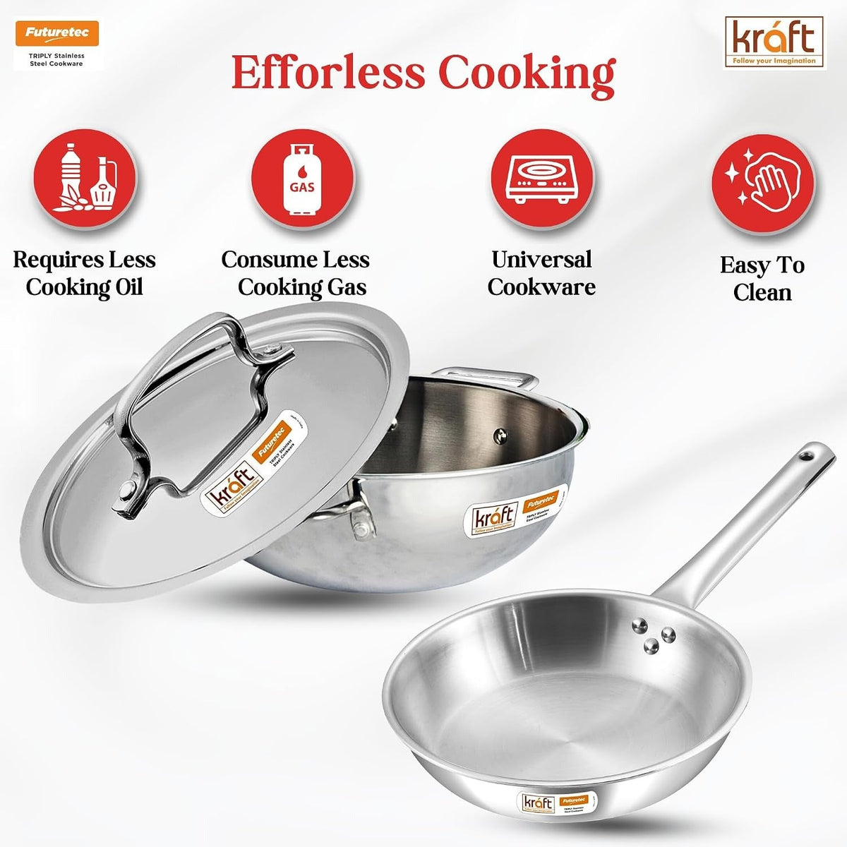 Kraft Futuretec Triply Stainless Steel 2 Pcs Combo Set of Extra Deep Kadhai 3.3 litres