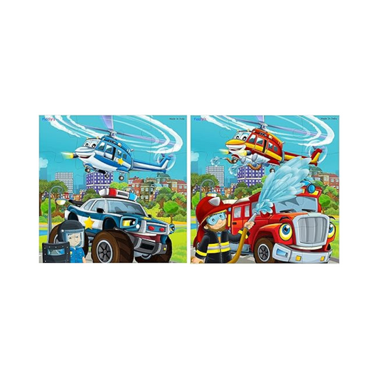 Fiddly's Wooden Jigsaw Floor Puzzle for Children Paperless Puzzle - 16 Pieces | Pack of 2 | Fireman & Policeman