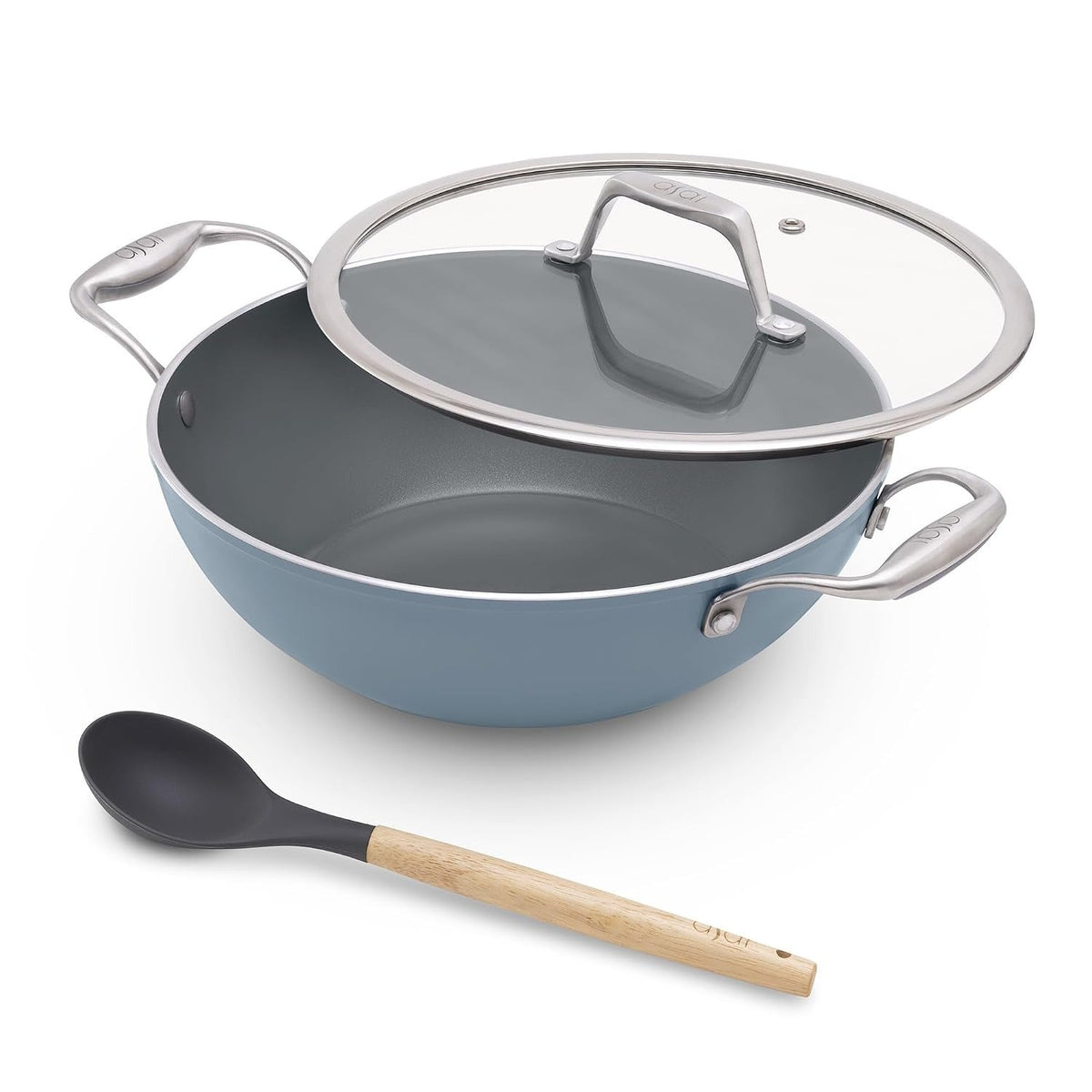 Asai Ceramic Non Stick Kadai 24cm (2.5L) with Glass Lid & Spatula - Blue