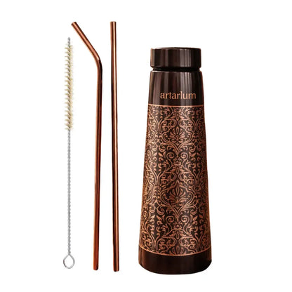 Artarium Etching Copper Bottle with Copper Straw Set