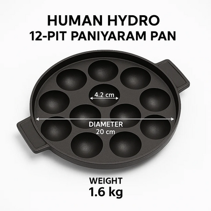 Human Hydro Pre-Seasoned Cast Iron 12-Pit Paniyaram Pan with 4mm Glass Lid 20cm Naturally Nonstick Gas Induction