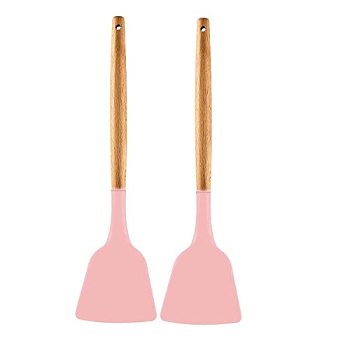P-Plus International Silicone Spatula Wooden Handle Flexible & Heat Resistant Rubber Non Stick Pink