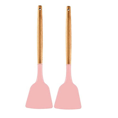 P-Plus International Silicone Spatula Wooden Handle Flexible & Heat Resistant Rubber Non Stick Pink