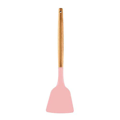 P-Plus International Silicone Spatula Wooden Handle Flexible & Heat Resistant Rubber Non Stick Pink