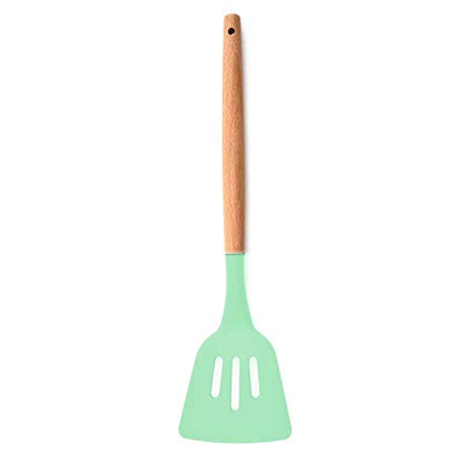 Woodtula Kitchen Silicone Slotted Turner with Wooden Handle Non-Stick Kitchen Utensil Tools Green