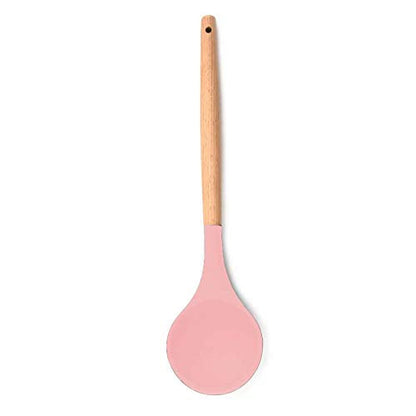 Woodtula Silicone Soup Ladle Spatula with Wooden Handle Non-Stick Kitchen Utensil Tools Pink