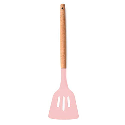Woodtula Kitchen Silicone Slotted Turner with Wooden Handle Non-Stick Kitchen Utensil Tools Pink