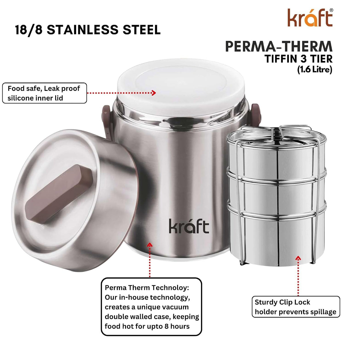 Kraft Perma Therm 3-Tier Stainless Steel Insulated Lunch Box -1.6L (400ml Each)