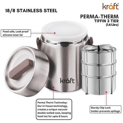 Kraft Perma Therm 3-Tier Stainless Steel Insulated Lunch Box -1.6L (400ml Each)