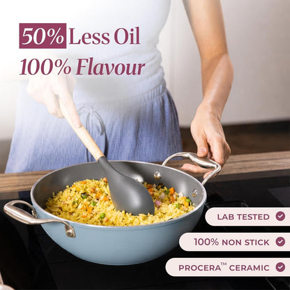 Asai Ceramic Non Stick Kadai 26cm (3.5L) with Glass Lid & Spatula - Blue