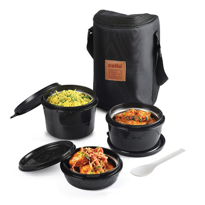 Cello All In One Lunch Box with Fabric Bag, Black