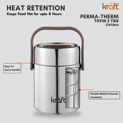 Kraft Perma Therm 3-Tier Stainless Steel Insulated Lunch Box -1.6L (400ml Each)