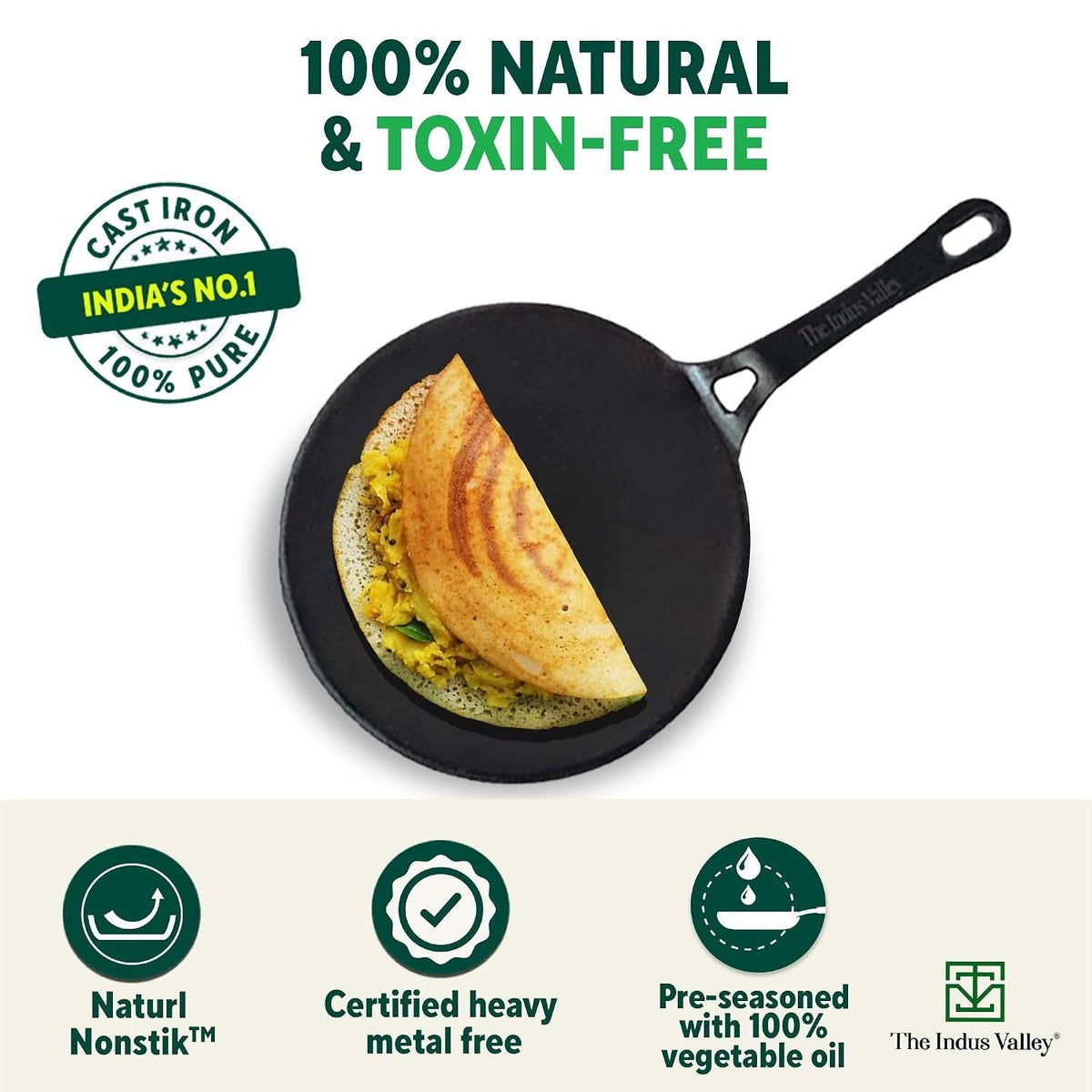 The Indus Valley Pre-Seasoned Cast Iron Concave Dosa Tawa + Free Wooden flip