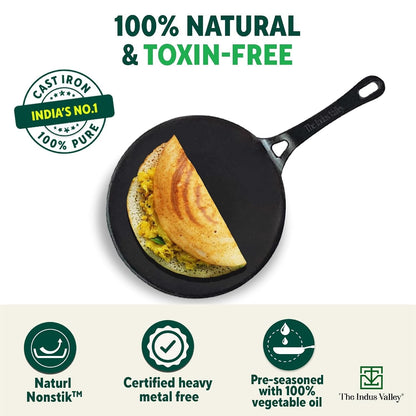 The Indus Valley Pre-Seasoned Cast Iron Concave Dosa Tawa + Free Wooden flip