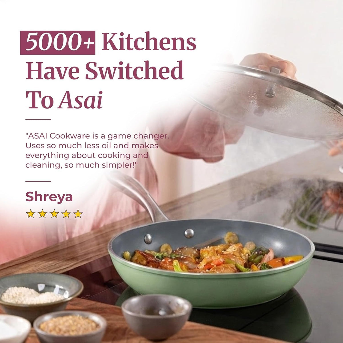 Asai Ceramic Pan for Cooking 24cm Non Stick Frying Pan - Green