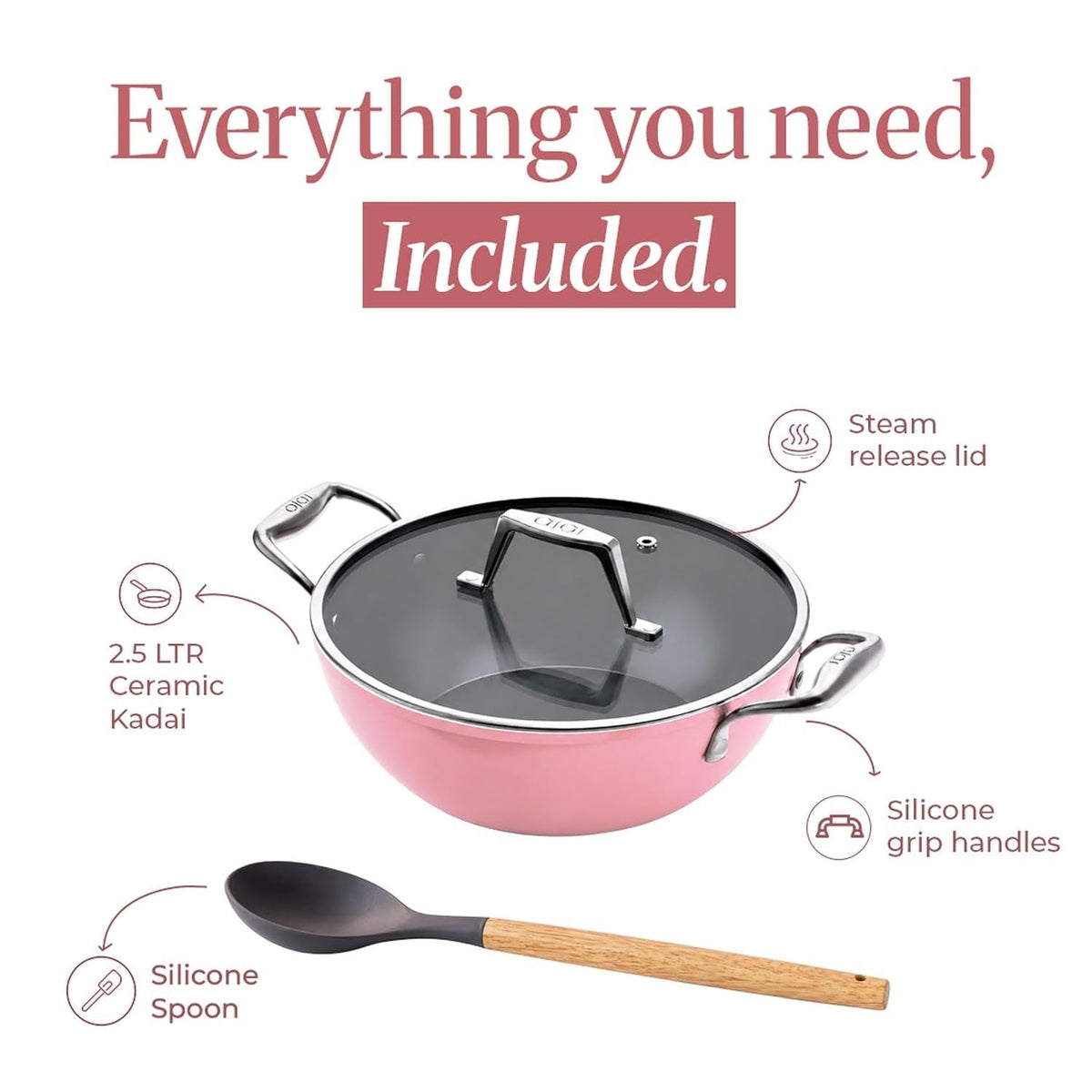 Asai Ceramic Non Stick Kadai 24cm (2.5L) with Glass Lid & Spatula - Pink
