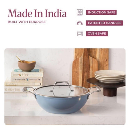 Asai Ceramic Non Stick Kadai 26cm (3.5L) with Glass Lid & Spatula - Blue