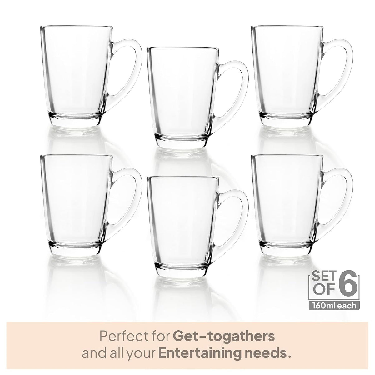Cello Caroline Glass Tea Cup with Elegant Design 160ml, Set of 6 Clear