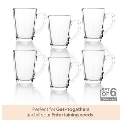 Cello Caroline Glass Tea Cup with Elegant Design 160ml, Set of 6 Clear