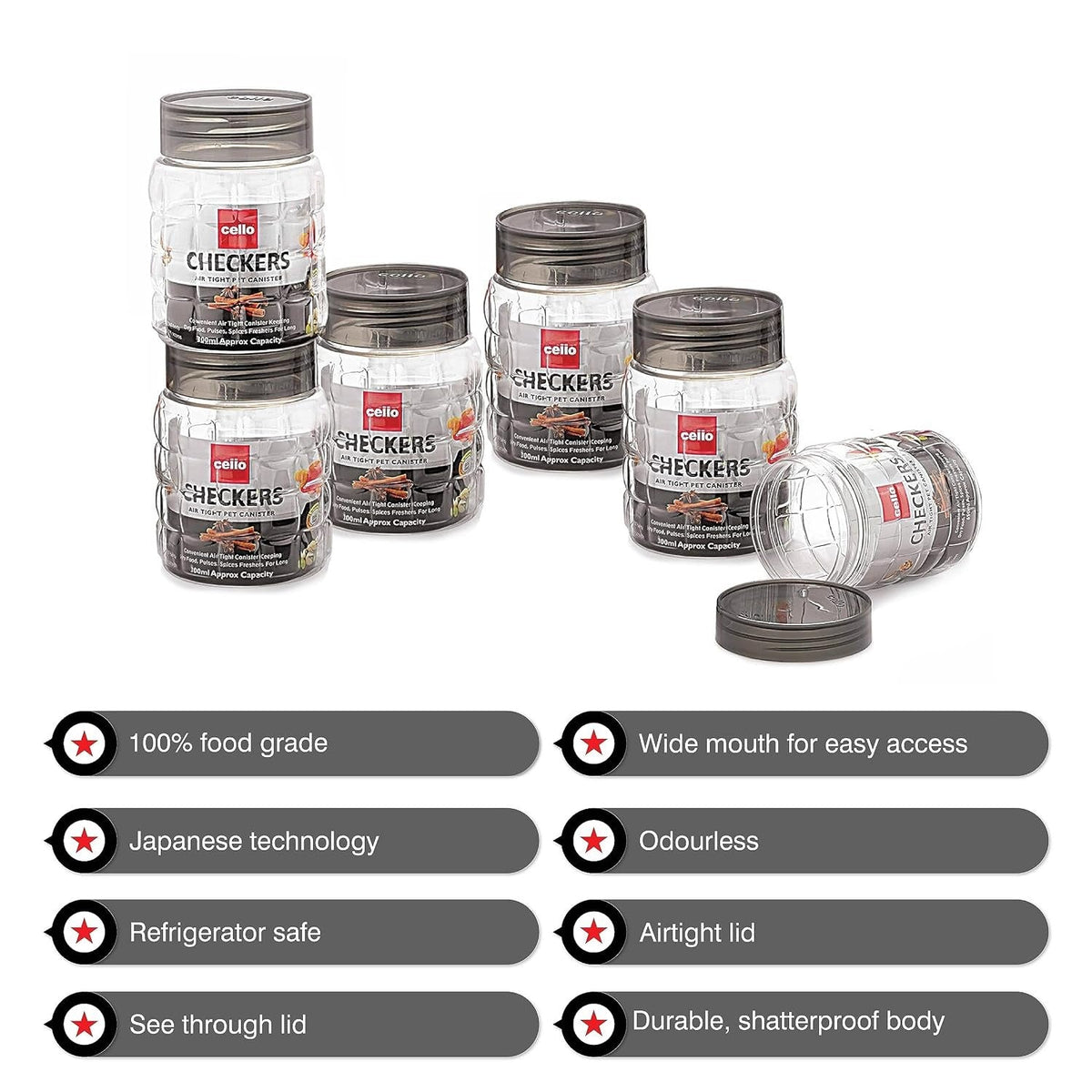 CELLO Checkers Kitchen Storage Container Box Set of 6 Pcs (300 ml x 6)