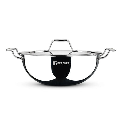 Bergner Argent Tri-Ply Deep Kadai with Lid