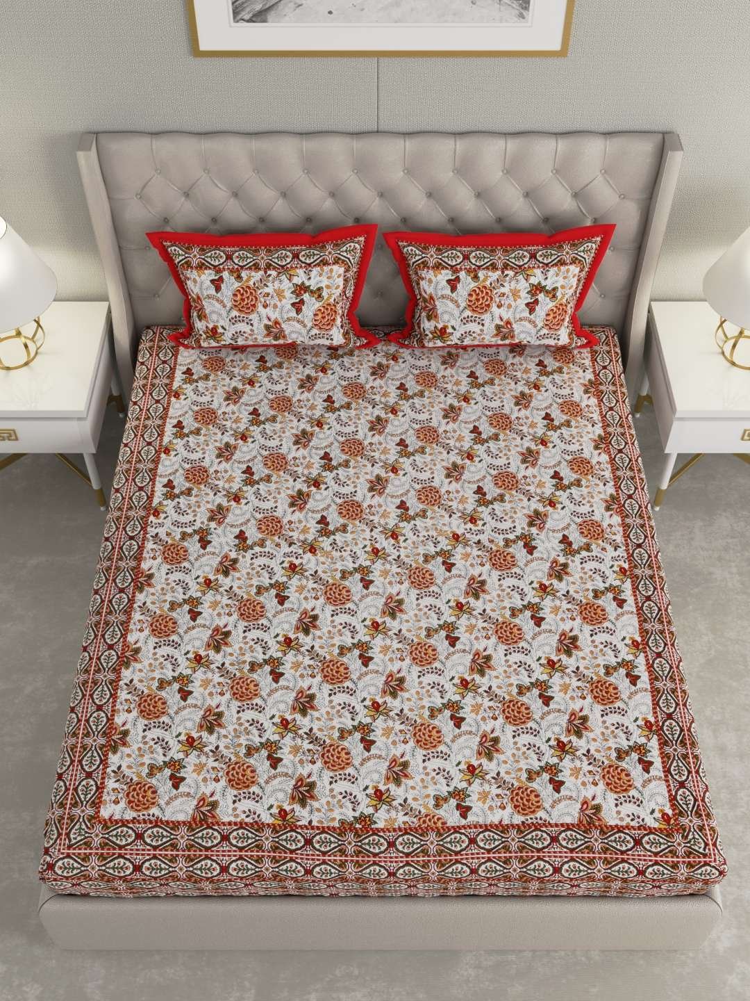 100% Pure Cotton Traditional Printed Bedsheet for Double Bed King Size Bedsheet with 2 Pillow Covers