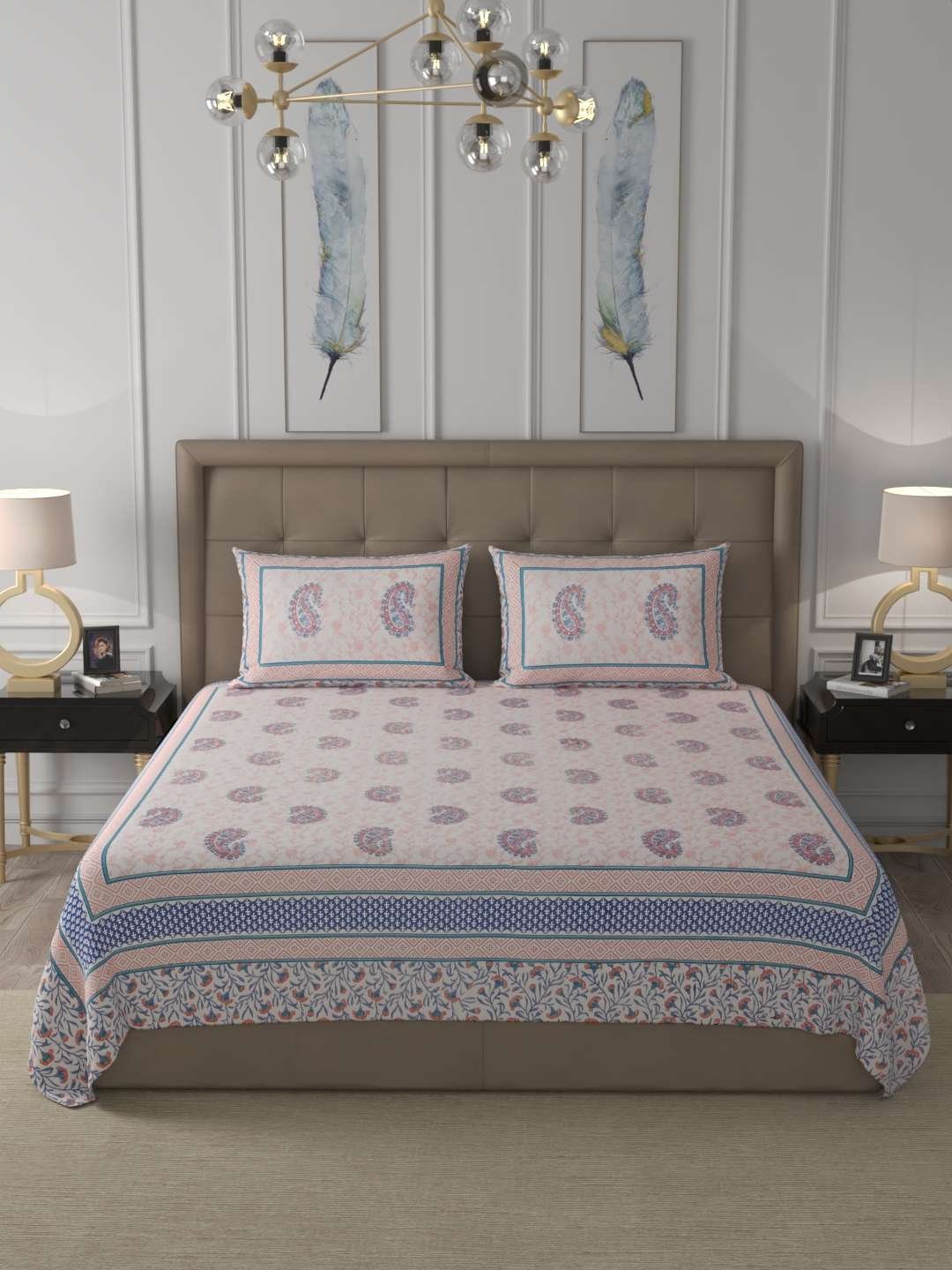 100% Pure Cotton Traditional Printed Bedsheet for Double Bed King Size Bedsheet with 2 Pillow Covers
