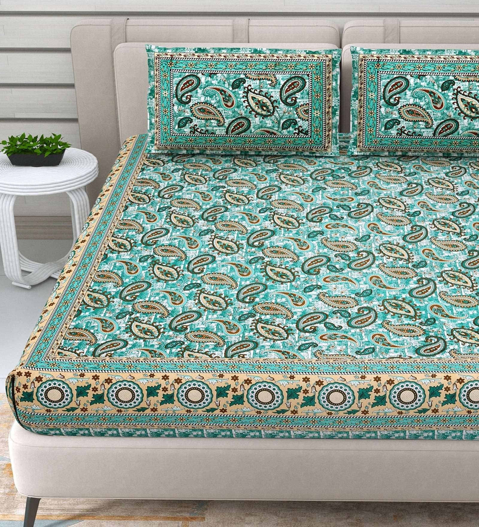 100% Pure Cotton Traditional Printed Bedsheet for Double Bed King Size Bedsheet with 2 Pillow Covers