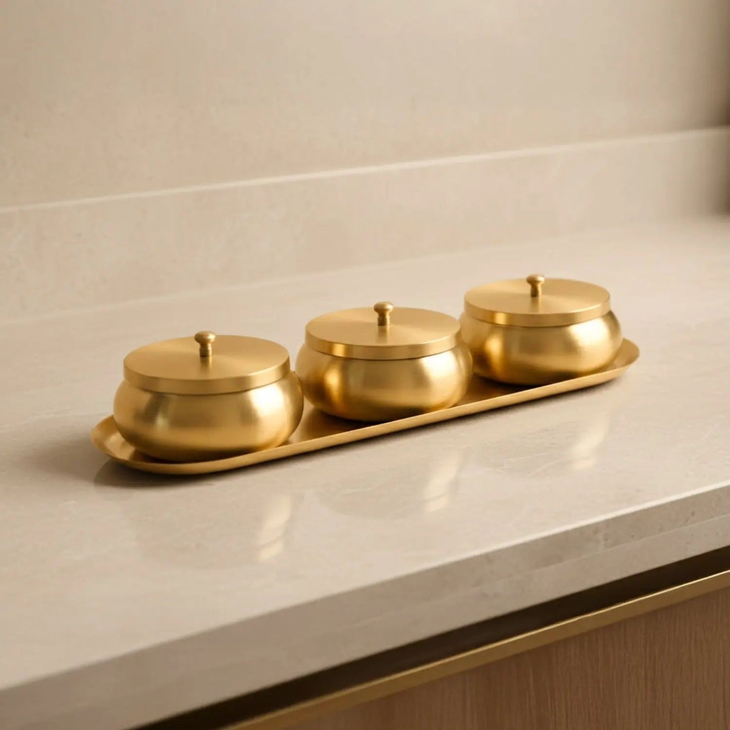 Artarium Brass Nut Bowl Set of 3 with Lids and Tray