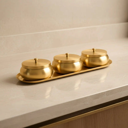 Artarium Brass Nut Bowl Set of 3 with Lids and Tray