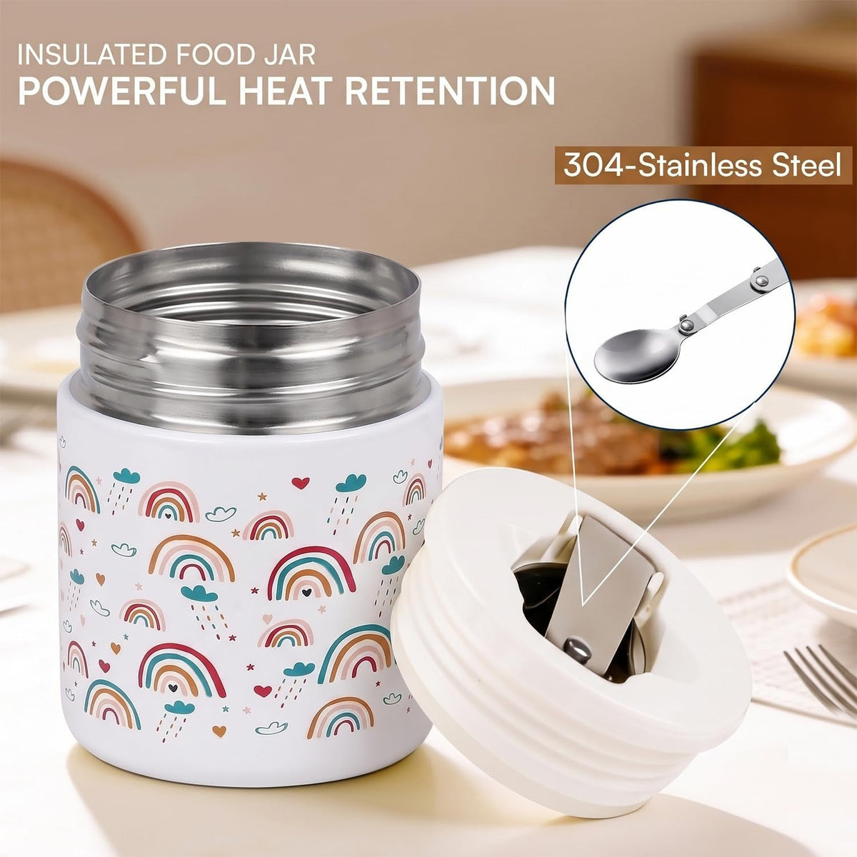 House of Quirk 304 Stainless Steel Baby Feeding Bowl with Spoon - White Rainbow