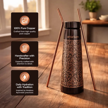 Artarium Etching Copper Bottle with Copper Straw Set