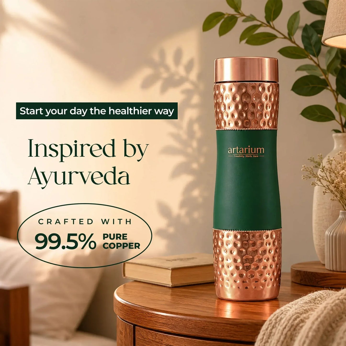 Artarium Eco-Friendly Copper Water Bottle 1L Plain Finish