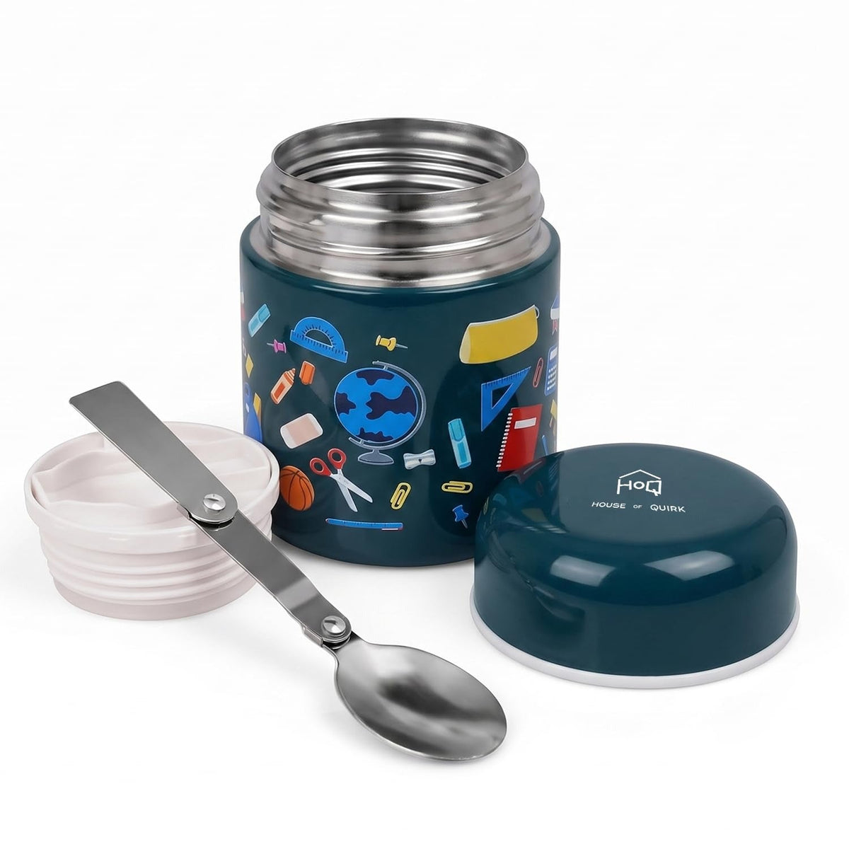 House of Quirk 304 Stainless Steel Baby Feeding Bowl with Spoon- Blue School