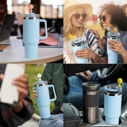 House of Quirk 5PCS Silicone Straw Covers Cap Compatible with Stanley 10mm Cute Flower Straw Toppers for Tumblers - (Multicolor)