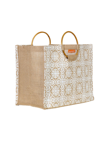 Jute Cottage Mughal Print Lunch Bag Cane Handle