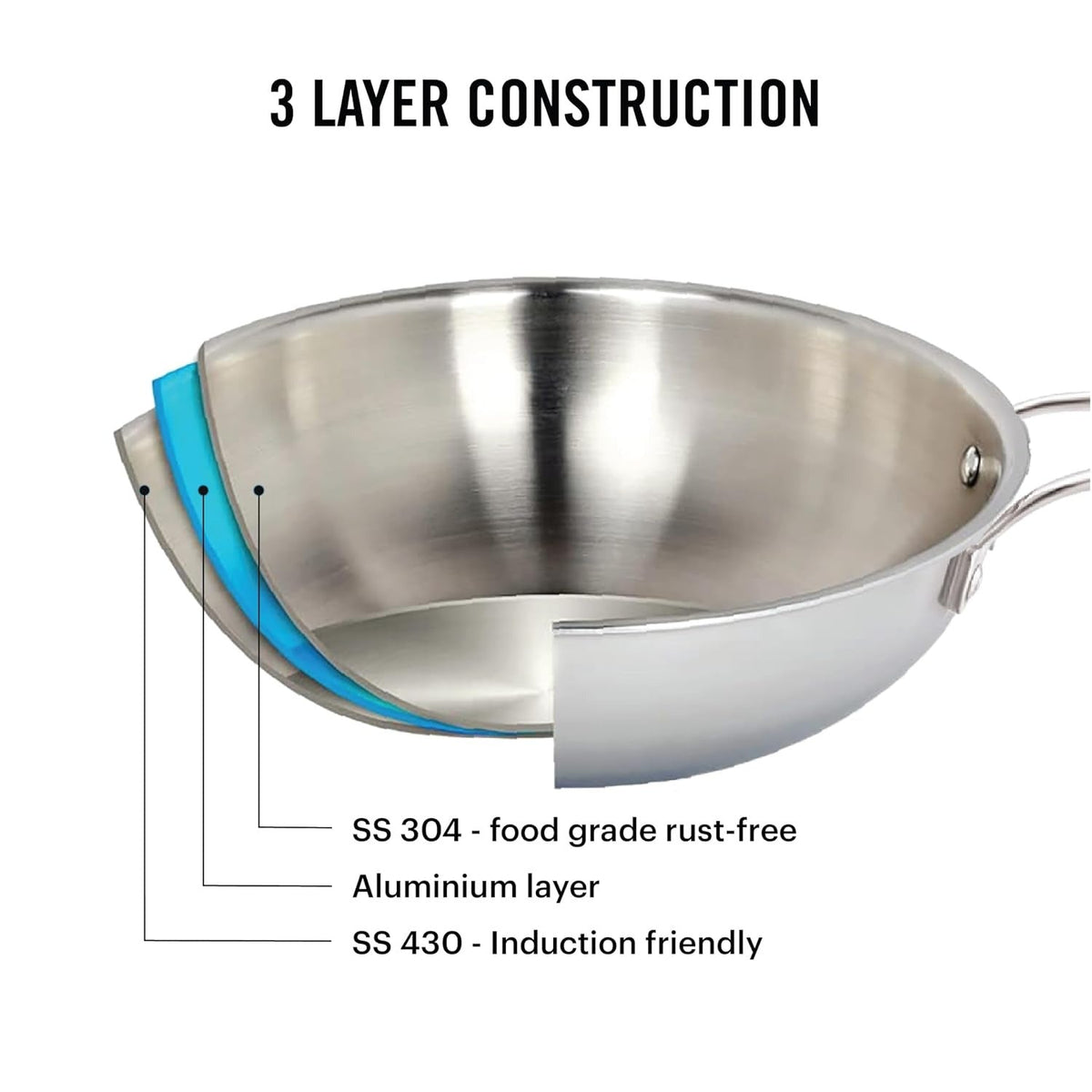 Cello Tri-Ply Stainless Steel Kadhai with Glass Lid Induction Compatible - 30CM-6L
