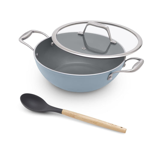 Asai Ceramic Non Stick Kadai 26cm (3.5L) with Glass Lid & Spatula - Blue