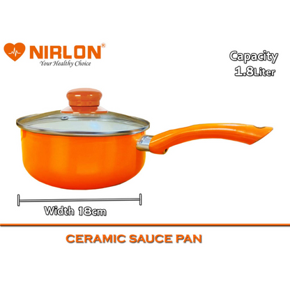 Nirlon Non Stick Induction Base Ceramic Coated Sauce Pan 18cm Diameter (Orange), 1.9 Liter