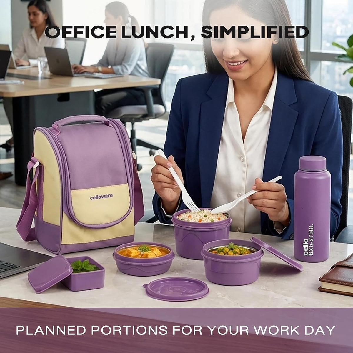 CELLO MF All In One Lunch Box with Bag for Office Use Purple-225ml, 375ml, 550m